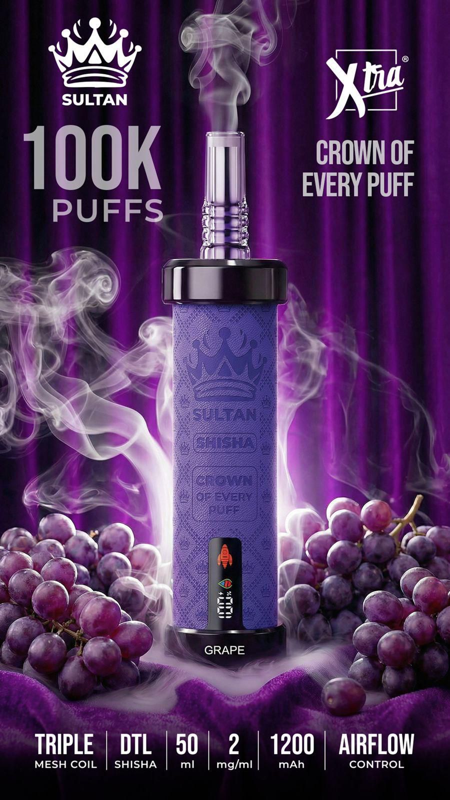 XTRA SULTAN 100K Puffs DTL Shisha 2mg Disposable Vape in UAE